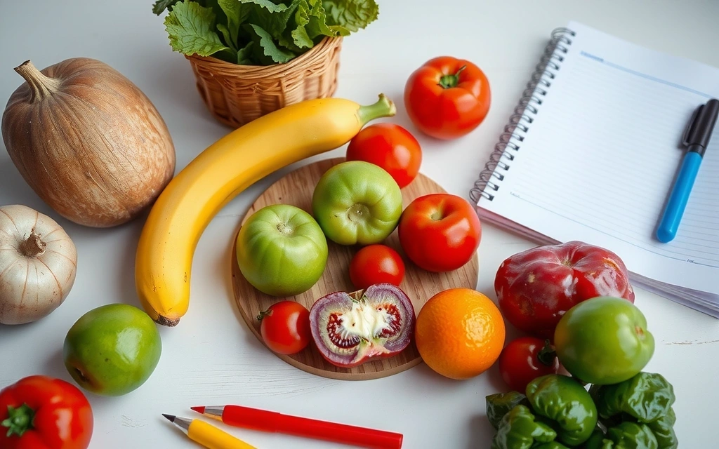 Ein detaillierter, personalisierter Ernährungsplan liegt auf einem Tisch neben frischen Lebensmitteln und einem Notizbuch.