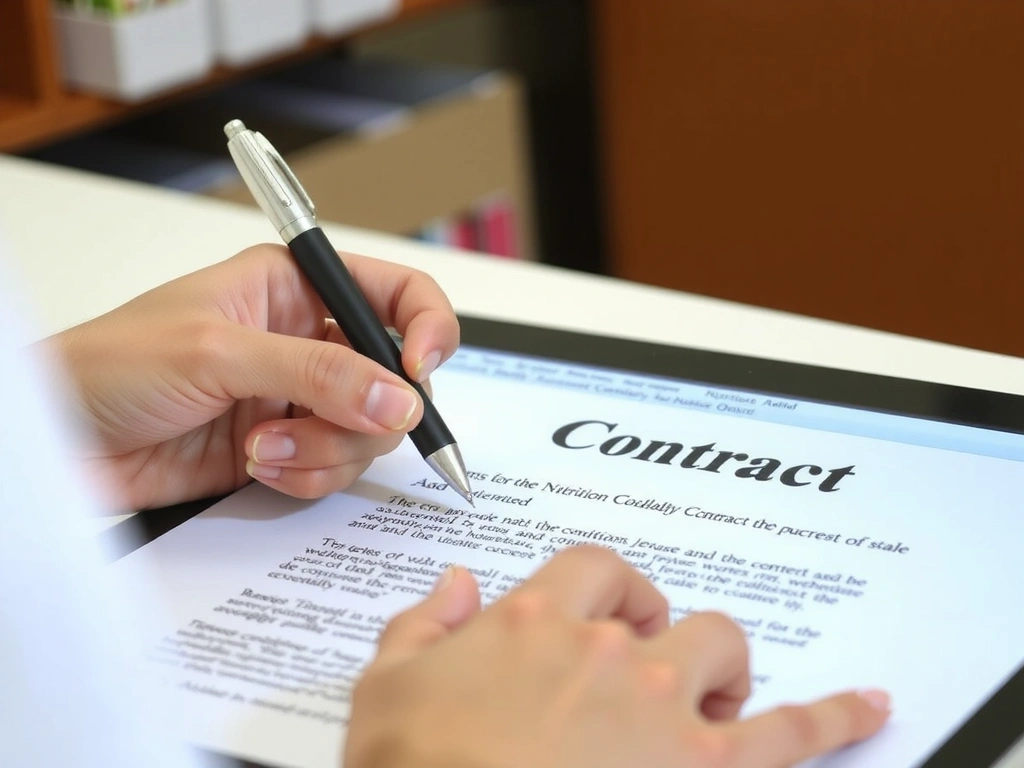 Zwei Hände, die einen virtuellen Vertrag mit einem Stift auf einem Bildschirm unterzeichnen, symbolisch für digitale Vereinbarungen.
